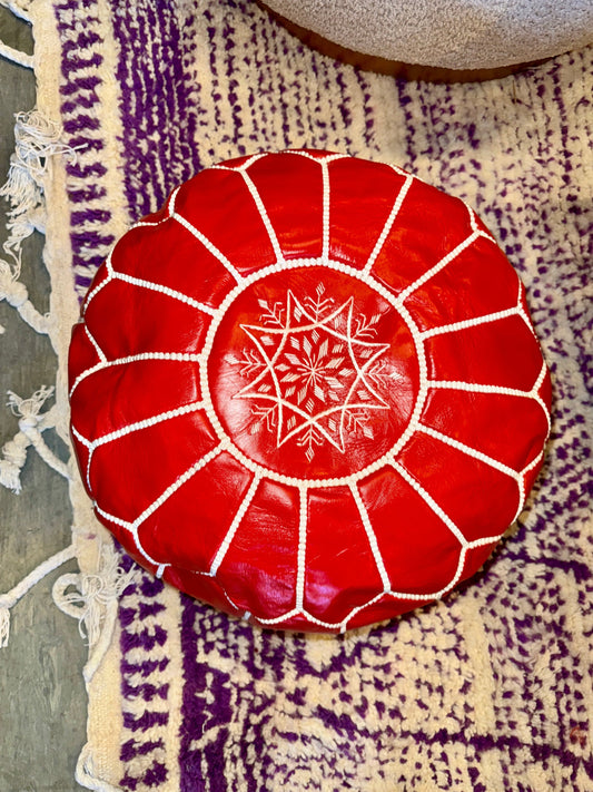 Red Leather Pouf