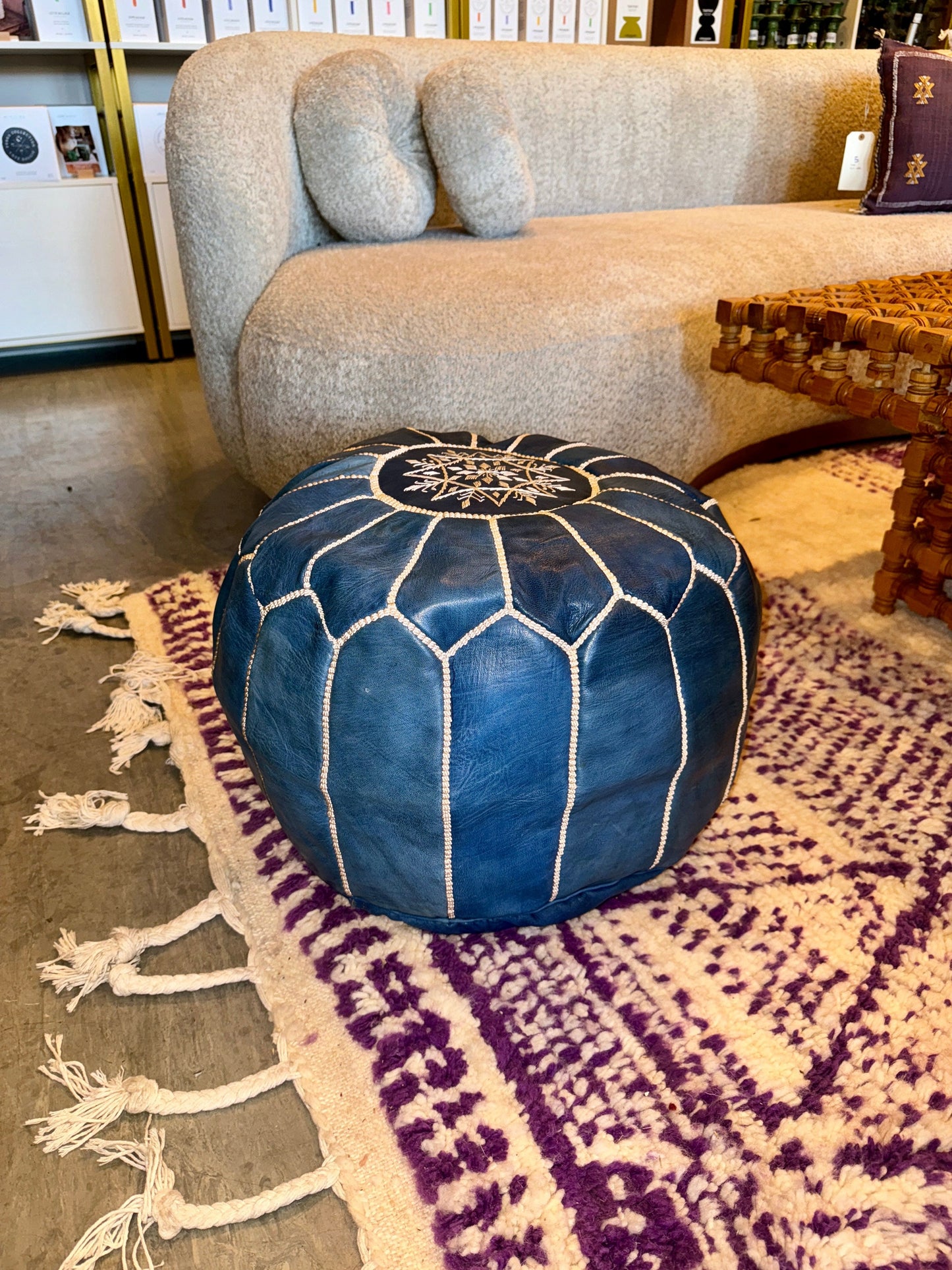 Blue Leather Pouf