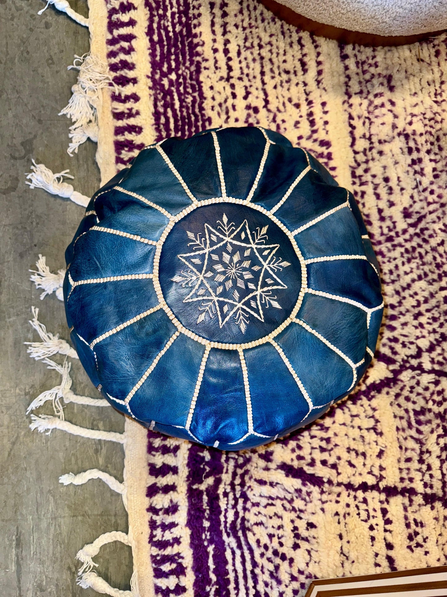 Blue Leather Pouf