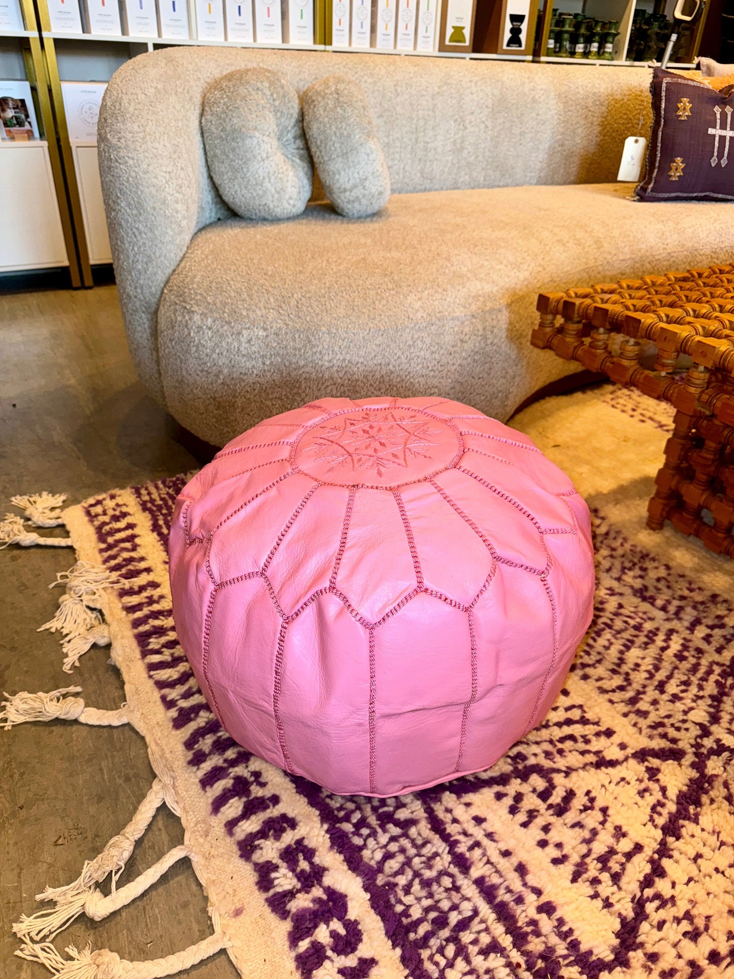 Pink Leather Pouf