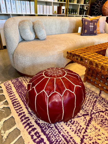 Burgundy Leather Pouf