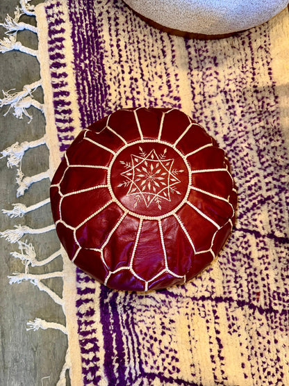 Burgundy Leather Pouf